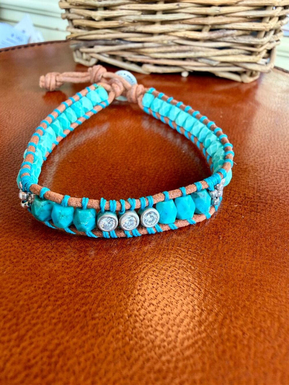 Silpada All Wrapped Up Turquoise CZ Leather Bracelet Toggle Retired Boho